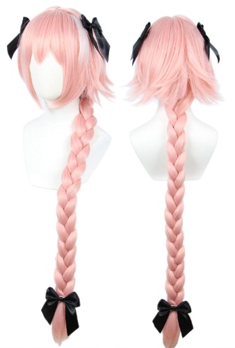 Linfairy Long pink Cosplay Wig with 3 Bowknot Halloween Costume Wig for Women Braid Hair 95CM - pink