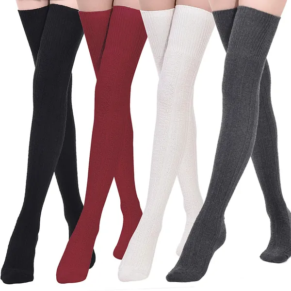 Kayhoma Extra Long Cotton Thigh High Socks Over the Knee High Boot Stockings Cotton Leg Warmers - Black, White, Gray, Burgundy