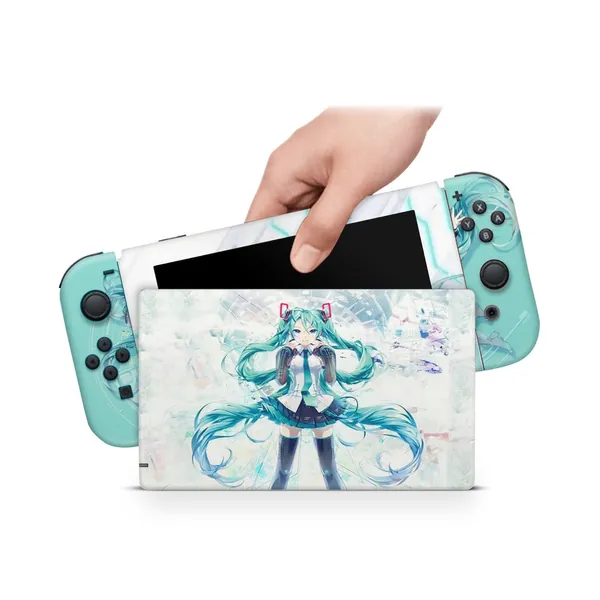 ZOOMHITSKINS Compatible with Nintendo Switch Skin, Kawaii Accessories for Console and JoyCons, 3M Technology Nintendo Switch Cover, Green Asia Anime Japanese Hatsune Miku Vocaloid, Made in Canada - Switch Miku Hatsune