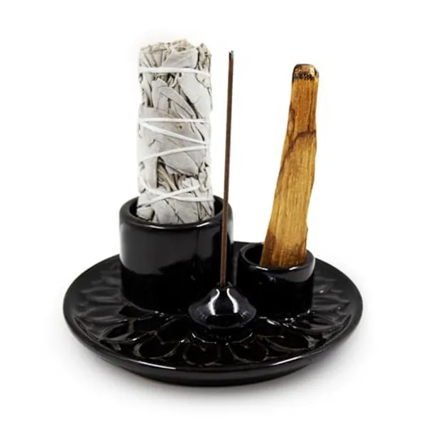 5 in 1 Incense and Candle Holder - Multi-Functional Palo Santo Holder - Ceramic Incense Burner and Sage Holder - Easy to Clean Ash Catcher Tray for Meditation Room, Black