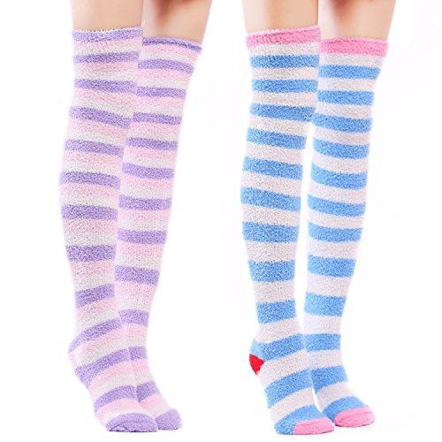 Littleforbig Cute Coral Fleece Knee High Long Striped Socks 2 Pairs - Large - Pink Purple Strips -Pink Blue Strips