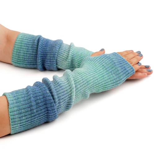 Flammi Cashmere Blended Arm Warmer Winter Fingerless Gloves Knit Mitten Gloves Wrist Warmer with Thumb Hole for Women - Tie Dye-light Blue (42cm)