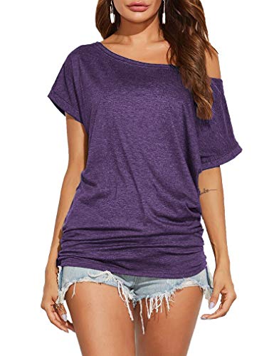 Poetsky Women's Off Shoulder Tops Casual Loose Shirt Batwing Sleeve Tunics Blouse - Medium Purple