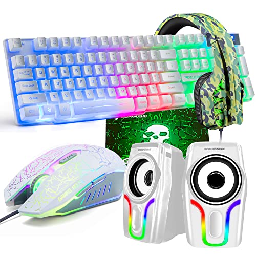 Tastiera da gioco USB retroilluminata con filo arcobaleno+Mouse da gioco LED arcobaleno ottico a 6 pulsanti 2400 DPI+Cuffie da gioco stereo+Altoparlanti RGB+Tappetini per mouse Set 5 in 1 (bianchi) - Bianchi