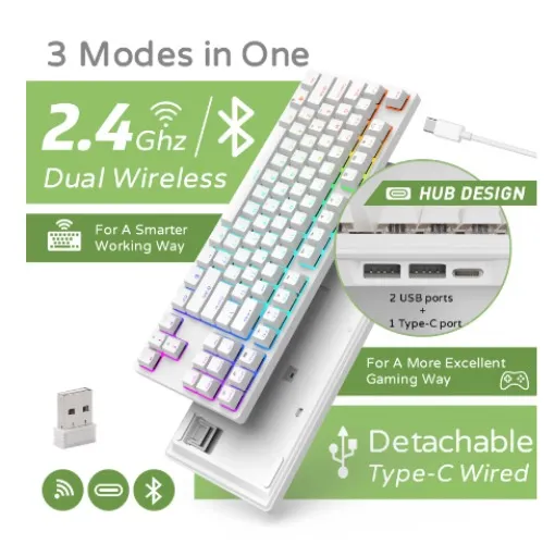 Royal Kludge-Teclado Gamer sem fio Bluetooth 87 teclas, RGB Hot Swappable, Hub USB, 2.4G, BT5.0 com fio, RK87 80%