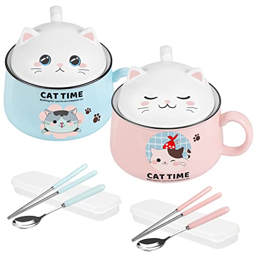 FHzytg 2 Stück Ramen Schüssel mit Deckel, 1020ML Schüssel mit Deckel Ramen Schüssel Katze Suppenschalen Ramen Schüssel Keramik Suppenschale Nudelschale Schüssel Katze mit Deckel, Essstäbchen, Löffel