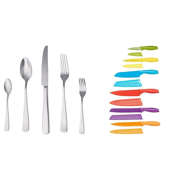 Amazon Basics - Essbesteck-Set mit Eckiger Rand, Edelstahl, 20-teiliges Set, für 4 Personen & Messer-Set, bunt, 12-teilig - 