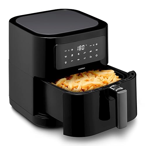 MEDION E40 XL Heißluftfritteuse (5,2 Liter, Airfryer, 2.150 Watt, 9 Automatikprogramme, Backfunktion, ölfreies Frittieren, Touch Bedienfeld, LED Anzeige) schwarz - Schwarz