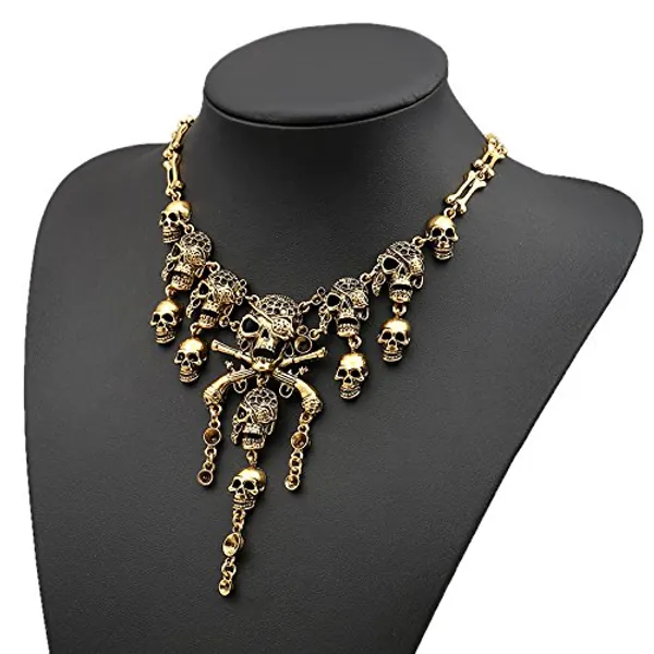 JIAHG Gothic Skull Necklace with Gold Tone Skulls Pirate Crossbones Chain Tassels Punk Rock Pendant Necklace Steampunk Jewellery Halloween Costume Accessories for Women - Gold 1