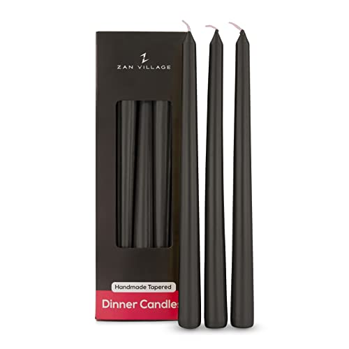 Taper Candles Long Burning - Long Candles Pack of 10 Tall Dinner Candles 7 Hour Burn Time, Classic Household Unscented, Dripless Candles, Zan Village Candle Company - Black - Black
