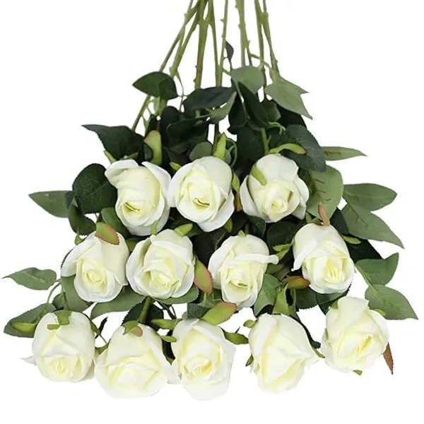 Tifuly Artificial Flowers,12 Pcs Single Long Stem Fake Rose Silk Flowers Faux Rose Bridal Bouquet Realistic Flower for Wedding Party Home Table Decoration Centerpieces(Bud Roses,White) - White
