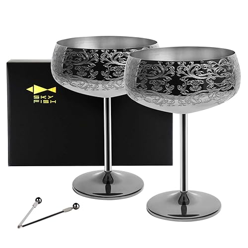 SKY FISH Martini Glasses, Stainless Steel Coupe Cocktail Glass with 2 Cocktail Picks, Vintage Champagne Glasses Set of 2,400ml (Black) - Black