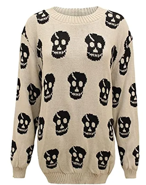 Style Moda Womens Ladies Skull Pullover Sweater Jumper Knitted Top Plus Size - Stone With Black Skull - 16-18 Plus