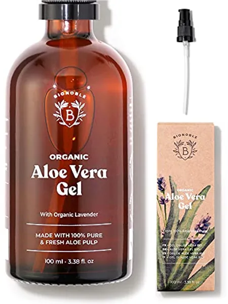 Bionoble Organic Aloe Vera Gel 100ml - Made with 100% Pure Fresh Aloe Pulp and Organic Lavender - Xanthan Free - Face, Eye Contour, Body, Hair - Glass Bottle + Pump