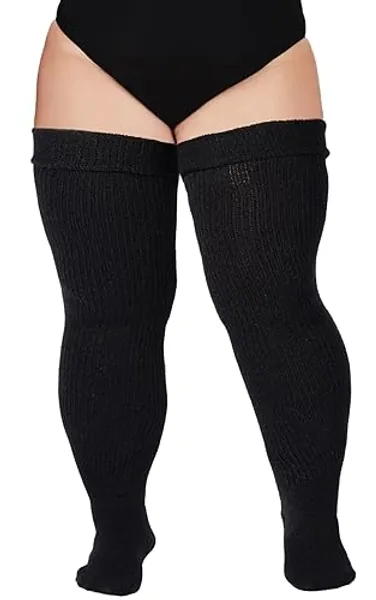 Moon Wood Women Plus Size Thigh High Socks Extra Long Striped Thick Over The Knee Socks Leg Warmer Boot Stockings - Black