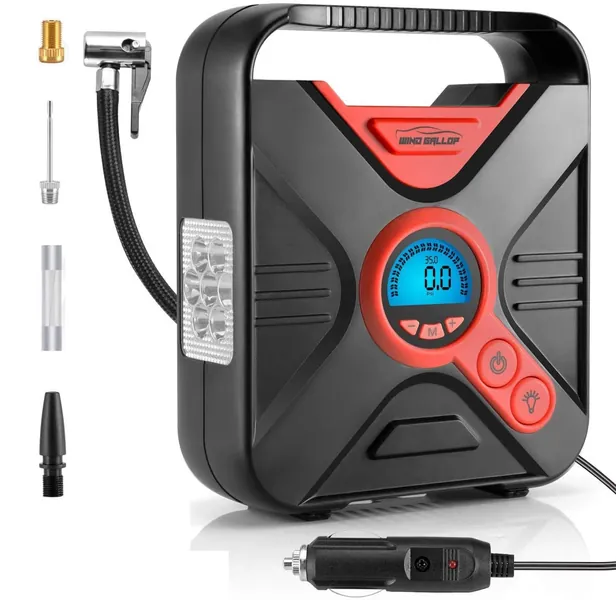 WindGallop Digital Car Tire Inflator Portable Air Compressor for Car Tires 12v Car Air Pump Tire Pump with Pressure Gauge LED Light Valve Adaptors for Bike Automobiles Basketball Pool Toys (Red) - Red