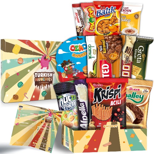 Midi Premium International Snacks Box | Premium and Exotic American Alike Retro Turkish Treats | Mix Variety Pack of Foreign Snacks and Candies | Milky Way Themed Box | 12 Full-Size Snacks