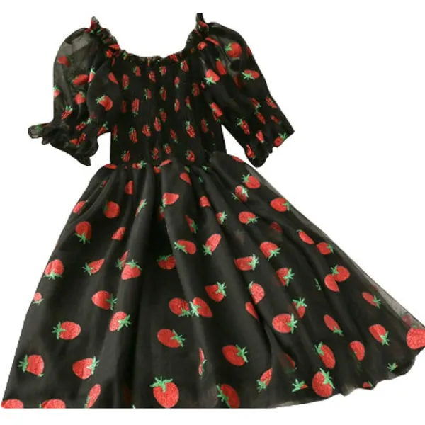 YM YOUMU Women Ruffle Lolita Mesh Dress Cute Strawberry Off Shoulder Puff Sleeve Sweet Fairy Summer Dress