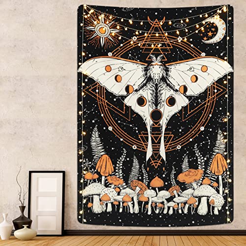 Yrendenge Psychedelic Tapestry Luna Moth Butterfly Tapestry Sun Moon Tapestries Solar Lunar Eclipse Tapestries Natural Mystery Decorative Wall Hanging for Bedroom 83*59 inch (210*150cm) - Black - 210*150cm