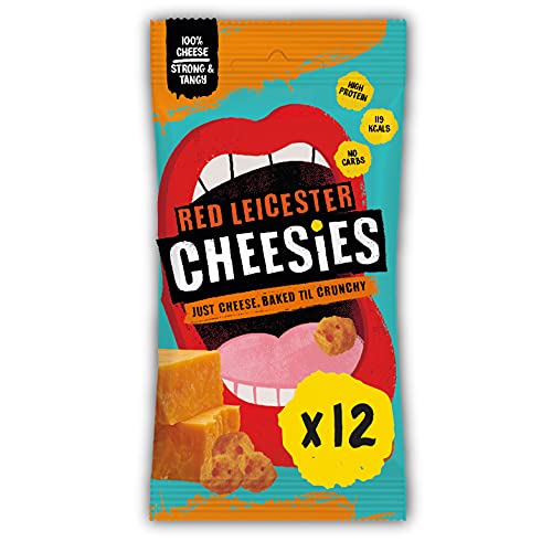 CHEESIES | Crunchy Cheese Keto Snack | Red Leicester | 100% Cheese | Sugar Free, Gluten Free, No Carb | High Protein and Vegetarian | Crunchy, Baked and Tasty | Multipack | 12 x 20g Bags - Red Leicester