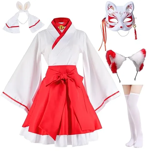 Elibelle Japanese anime red and white kimono fox cosplay costume with socks - S-M - Red White With Mask
