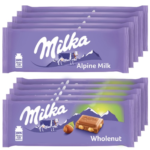 Milka European Chocolate Bars Variety Pack, Alpine Milk Chocolate & Wholenut Hazelnut Chocolate, 10 - 3.52 oz Bars - Milk Chocolate and Hazelnut Chocolate 10 Count (Pack of 1)