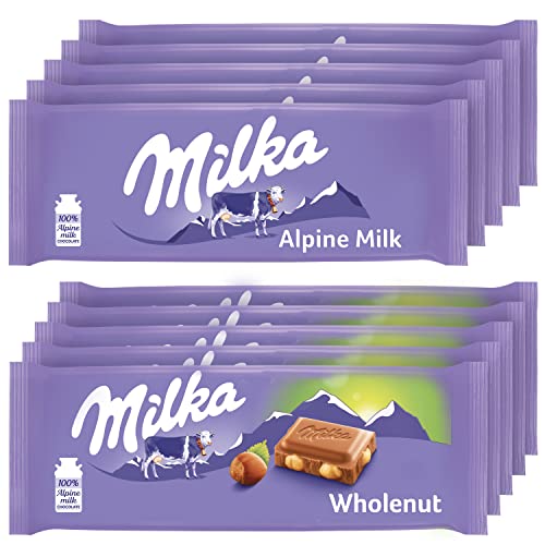 Milka European Chocolate Bars Variety Pack, Alpine Milk Chocolate & Wholenut Hazelnut Chocolate, 10 - 3.52 oz Bars - Alpine Milk Chocolate & Wholenut Hazelnut Chocolate - 10 Count (Pack of 1)