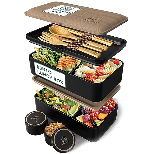 Umami Bento Lunch Box for Adults w/Utensils, 40 oz, Cute Microwave-Safe, Leak-Proof Adult Bento Box, All-in-One Meal Prep Compartment Lunch Containers for Adults, Bento Box Adult Lunch Box - L - 40 oz - Black & Walnut