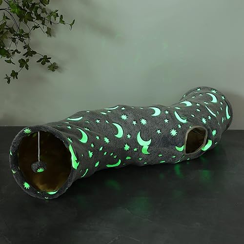 LUCKITTY Cat Tunnel Tube with Plush Ball Toys Collapsible Self-Luminous Photoluminescence, for Small Pets Bunny Rabbits, Kittens, Ferrets,Puppy and Dogs Grey Moon Star (S-Shape) - S-Shape