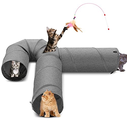 Ownpets Cat Tunnel, 3 Way Cat Tunnel, Cat Tunnel Fabric with Ball and Cat Teaser, Expandable and Foldable Cat Tunnel, Play Tunnel for Cat, Puppy, Rabbit, Grey - U-WAY - L-120CM,Dia-25CM