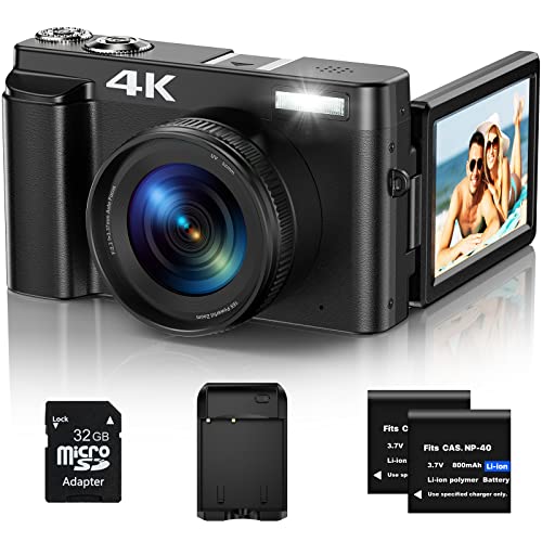 Digital Camera, 4K 48MP Autofocus Video Camera with 32G Card, 2.7'' 180°Flip Screen Vlogging Camera for Youtube 16X Digital Zoom with Flash, Rechargeable Compact Camera for Teens Beginners