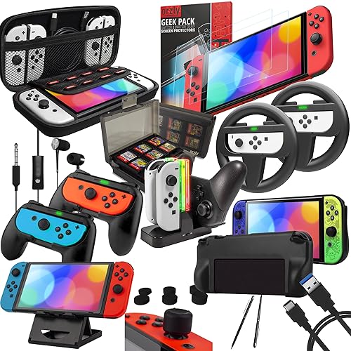 Orzly Accessory Bundle Kit designed for Nintendo switch Accessories Geeks and OLED console users Case and Screen protector, Joycon grips and Wheels for enhanced games play and more - Jet black - Black