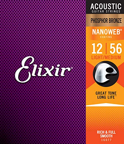 Elixir® 16077 Saiten Phosphor Bronze Akustik-Gitarrensaiten mit NANOWEB® Beschichtung, Light/Medium (.012-.056) - Light-Medium (12-56) - 1 Pack