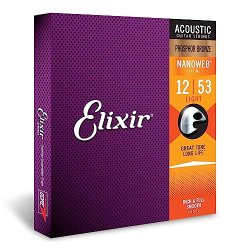 Elixir® 16052 Saiten Phosphor Bronze Akustik-Gitarrensaiten mit NANOWEB® Beschichtung, Light (.012-.053) - Light (12-53) - 1 Pack - Single