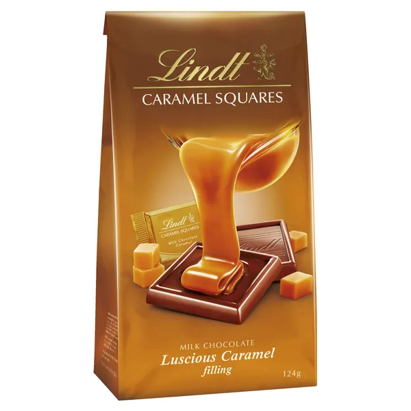 Lindt CARAMEL SQUARES Milk Chocolate - approx. 8 squares, 124g - perfect for a moment of self indulgence - Fine milk chocolate with a luscious flowing caramel filling.