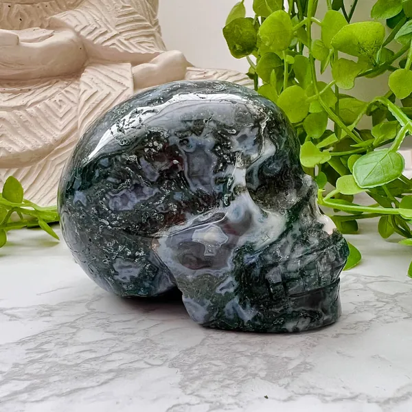 Moss Agate Skull, Crystal Skulls, Druzy Agate Skull Carving, Handcarved Crystal, Gift for Her, Birthday Gift, Gift for Him, Home Decor Skull