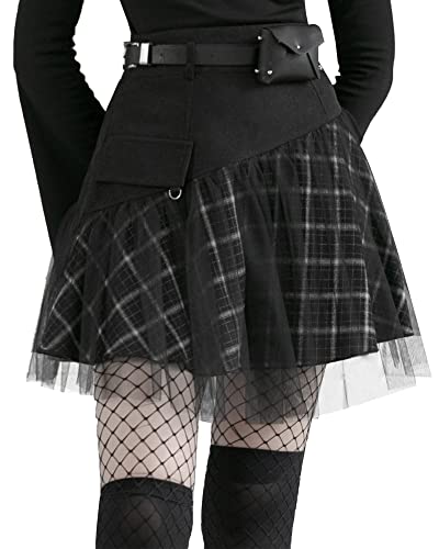 PUNK RAVE DAILY Women Gothic Skirts Women Goth Mini Plaid Skirt with Tulle Punk Dunk High Waist A-Line Party Skirt - Medium - Black