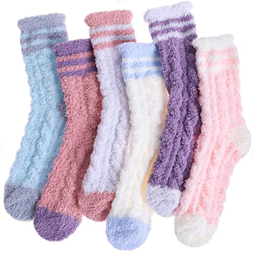 EBMORE Womens Fuzzy Socks Fleece Fluffy Cabin Plush Warm Sleep Soft Cozy Winter Adult Socks - Candy Color Stripe(6 Pairs)