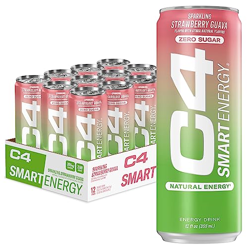 C4 Smart Energy Drink - Sugar Free Performance Fuel & Nootropic Brain Booster, Coffee Substitute or Alternative | Strawberry Guava 12 Oz - 12 Pack - Strawberry Guava - 12 Fl Oz (Pack of 12)
