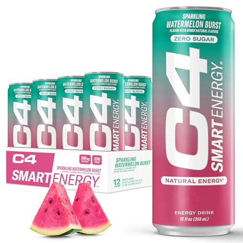 C4 Smart Energy Drink – Boost Focus and Energy with Zero Sugar, Natural Energy, and Nootropics - 200mg Caffeine - Watermelon Burst (12oz Pack of 12) - Watermelon Burst - 12 Fl Oz (Pack of 12)