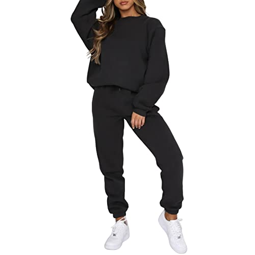 Viatabuna Women's 2 Piece Fleece Sweatsuit Outfit Long Sleeve Crewneck Pullover Sweatshirt Drawstring Jogger Pants Lounge Set