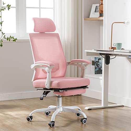 Qulomvs Mesh Ergonomic Office Chair with Footrest Home Office Desk Chair with Headrest and Backrest 90-135 Adjustable Computer Desk Chair with Wheels 360 Swivel Task Chair(Pure White) - Pure White With Footrest