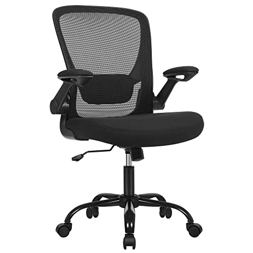 SONGMICS Office Chair with Folding Armrest, Desk Mesh Chair, Ergonomic Computer Chair, 360° Swivel Chair, Adjustable Lumbar Support, Space-Saving, Black OBN37BKUK, 66 x 60 x (99-107) cm (L x W x H) - Mesh chair