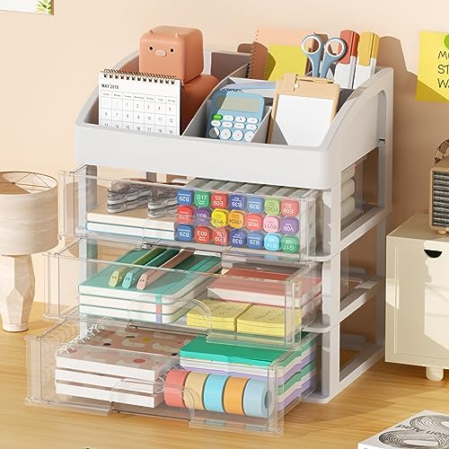Desk Organizer with Drawers, 3 Drawer Desktop Plastic Storage Drawers, Clear Office Organizers and Storage, Desk Organizer, Desk Storage for Home Collection, Cosmetics, Office Supplies - Clear(4 Tier)