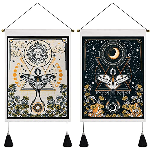 Lyacmy Pack of 2 Tapestry Sun and Moon Tapestry Moth Tapestries Yelllow and Orange Tapestry Flower Vine Tapestry Wall Hanging for Room (13.8 x 19.7 inches) - Yellow,Orange - 13.8" x 19.7"