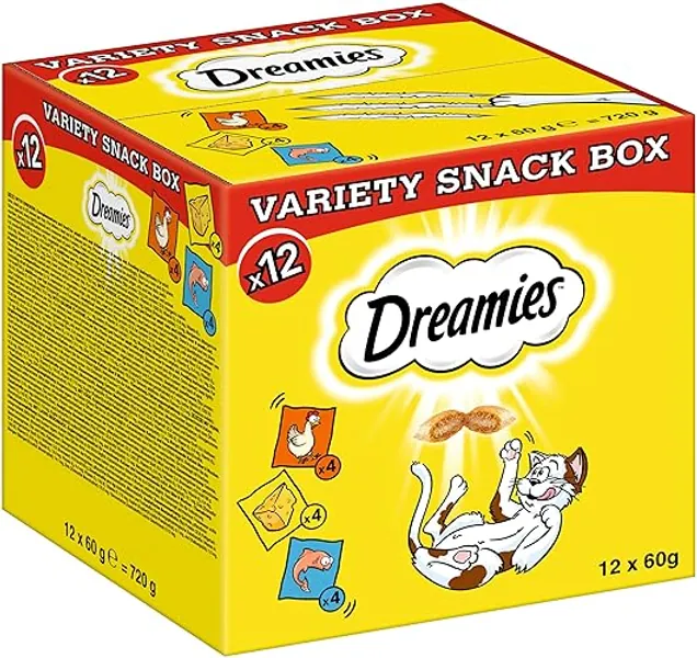 Dreamies Katzensnacks mit Huhn–, Käse– und Lachsgeschmack, 12x60g (1 Variety Snack Box) – Außen knusprige & innen cremige Katzenleckerlis in verschiedenen Geschmacksrichtungen - Huhn, Käse & Lachs - 60 g (12er Pack)