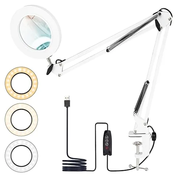 Led Lupenlampe, 10X Lupenleuchte mit Klemme, Leselampe 3 Farbemodi, 10 Helligkeitsstufen Dimmbar Schreibtischlampe mit Lupe für Lesen, Hobbys, Basteln, Senioren (Weiß) - Weiß