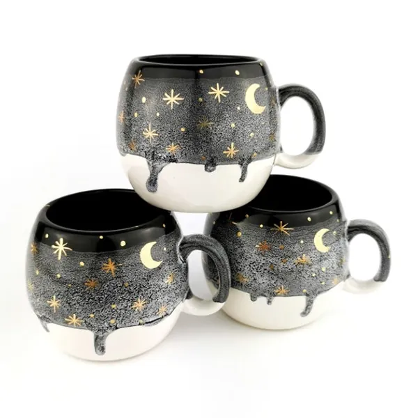 24k Gold Black Ceramic Mugs Handmade Pottery Moon Cups | Etsy
