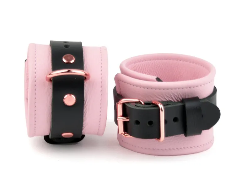 Wrist Cuffs - Premium Blush Pink Leather with Rose Gold Hardware | Lockable Handcrafted DDLG Submissive Bondage Arm Restraints | Cf3WBlPnkRg