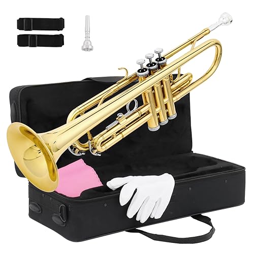 Ktaxon Bb Standard Trumpet for Beginners,Trumpet for Student with Hard Case,7C Mouthpiece,Cleaning Cloth,Gloves,Brass Instruments for Kids and Adults(Gold) - Gold